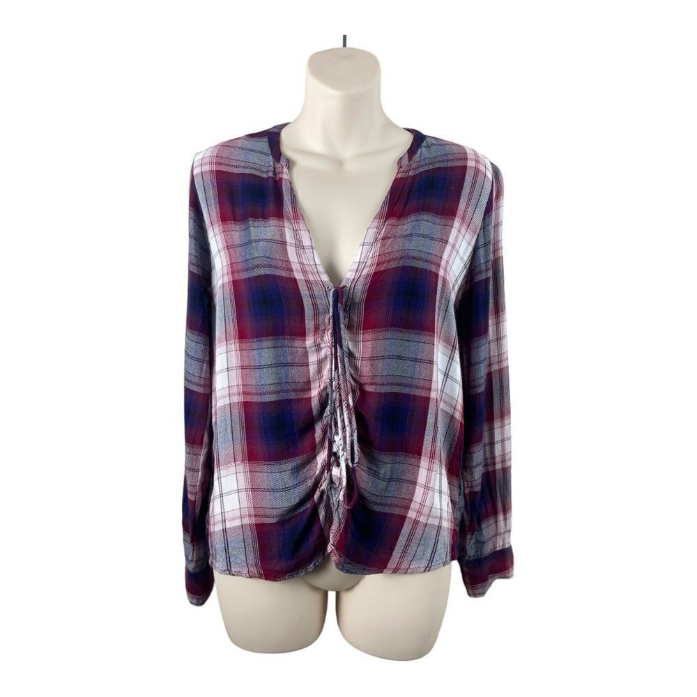 Express Lace Up Flannel Purple White Plaid Shirt Sz Xs Western Cowgirl Country